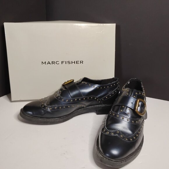 Women's Dark Blue Marc Fisher Bryleigh Studded Oxfords Size 8.5 w/ Box - Picture 1 of 15